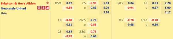 Tỷ lệ kèo giữa Brighton vs Newcastle
