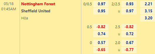 Tỷ lệ kèo giữa Nottingham vs Sheffield Utd