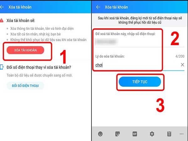nhấn vào "Xóa tài khoản" >> nhập số điện thoại